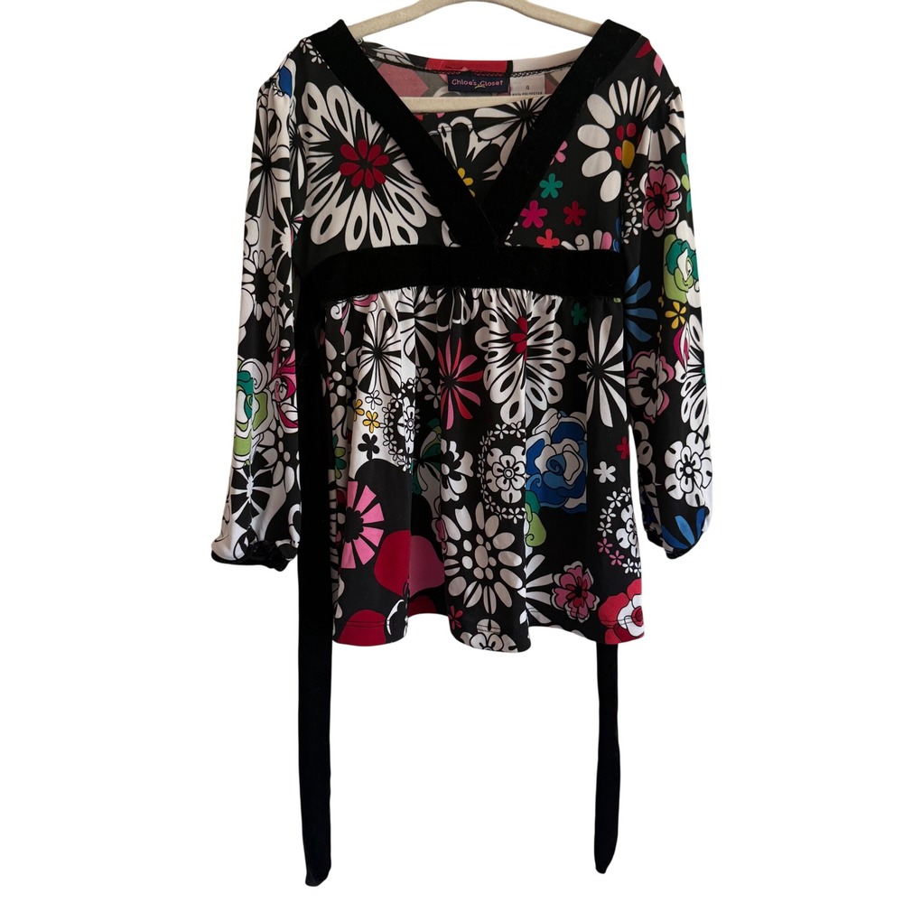 Y2K floral wrap long sleeve silk shirt velvet tie  boho indie girls 4T 4Y 70s